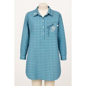 Vtg Karen Neuburger Blue Plaid Floral Embroidered Flannel Sleep Shirt Women L